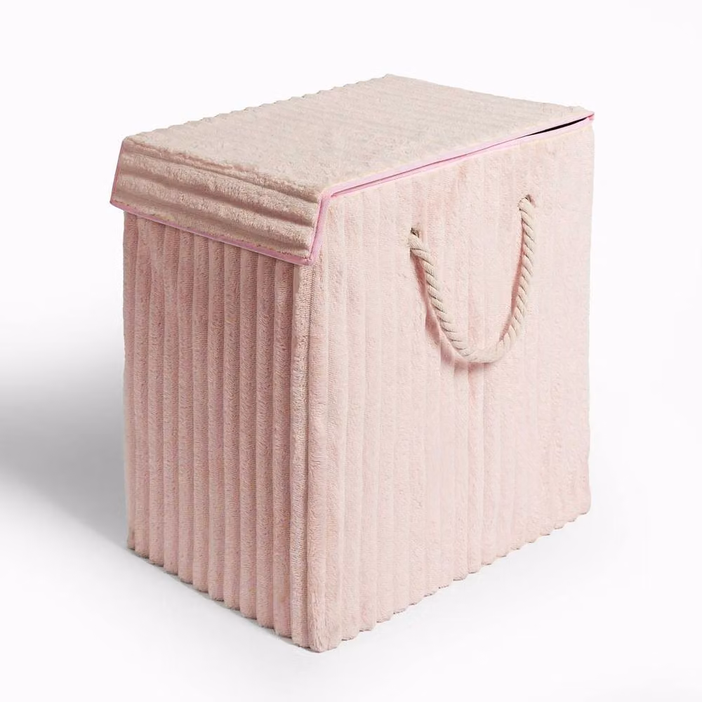 OHS Ribbed Faux Fur Folding Laundry Basket with Lid and Handles, Pink – 2