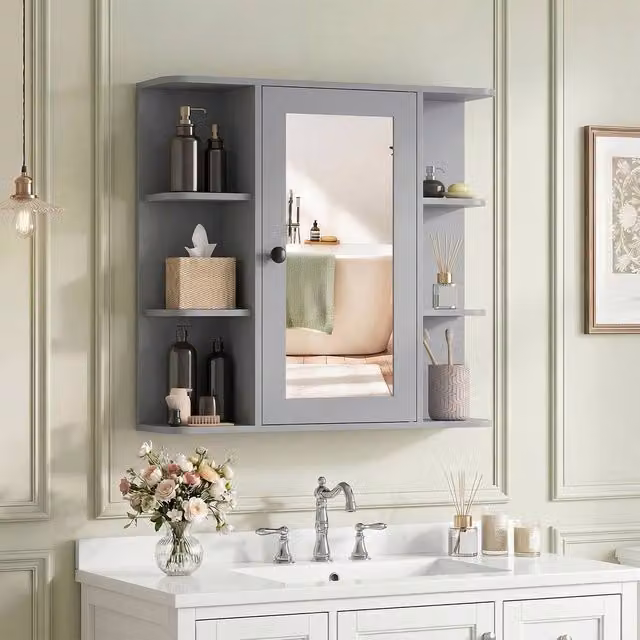 Costway Modern Wall Mounted Grey Bathroom Medicine Cabinet with Mirror and Internal Shelves