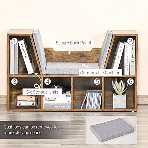 HOMCOM Bookcase Storage Shelf with Cushioned Reading Seat, Rustic Brown – 5