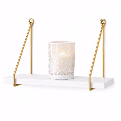 SPOT ON DEALZ Industrial Floating Wall Shelf, White MDF and Gold Metal, W: 40 cm, D: 15 cm, H: 20 cm – 1