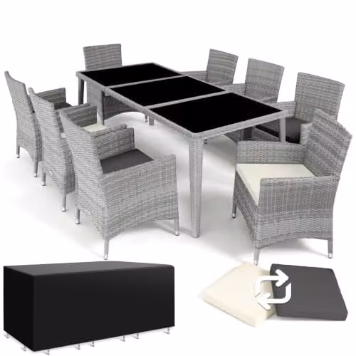 tectake Garden Dining Set with 8 Chairs and Glass Top, Powder Coated Aluminium Frame, Light Grey – 1