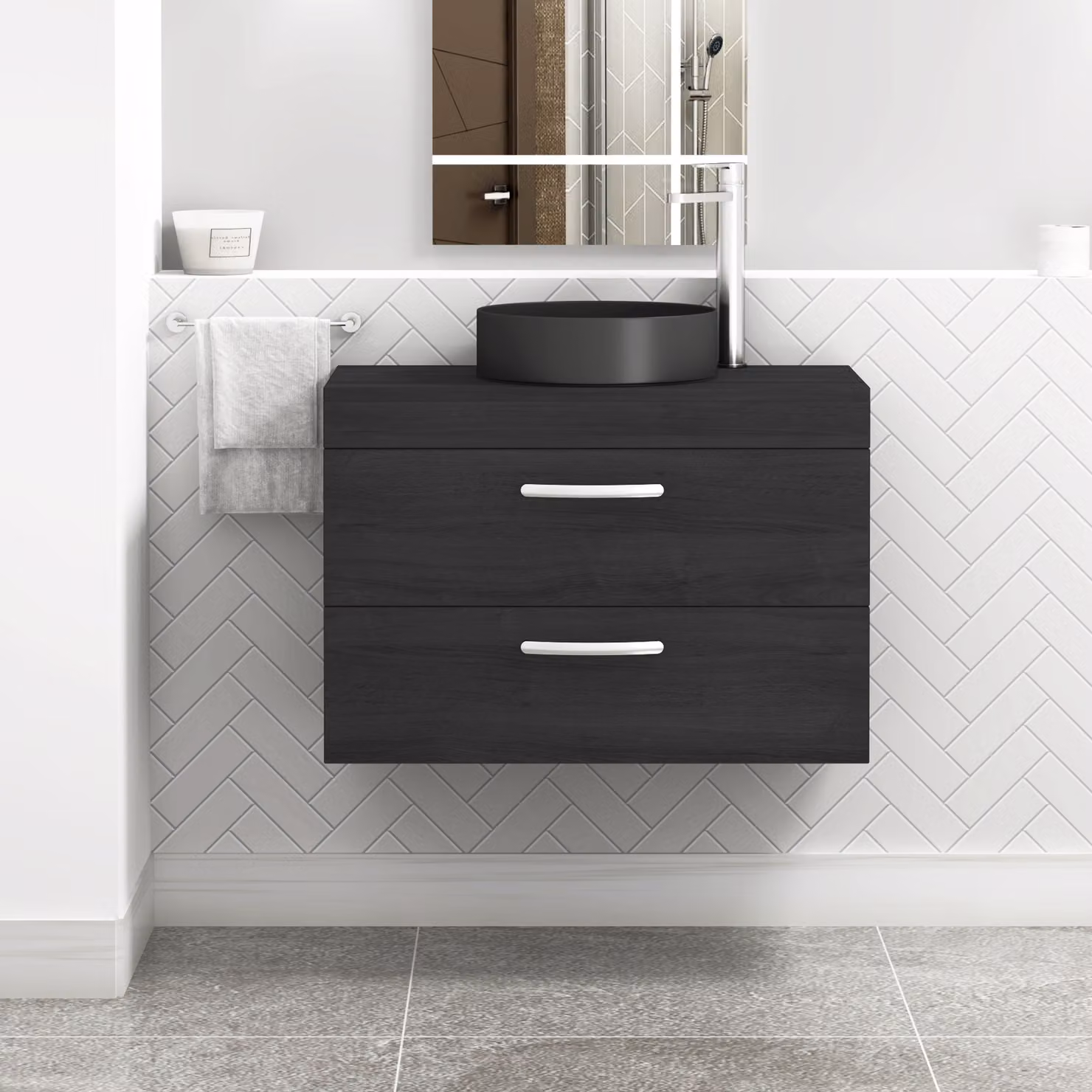 Royal Bathrooms Hale 800mm Wall Hung 2 Drawer Vanity Unit in Black with Art Round Ceramic Countertop Basin
