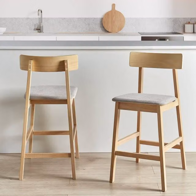 Wyld and Coco Set of 2 Rubberwood Bar Chairs in Brown and Beige