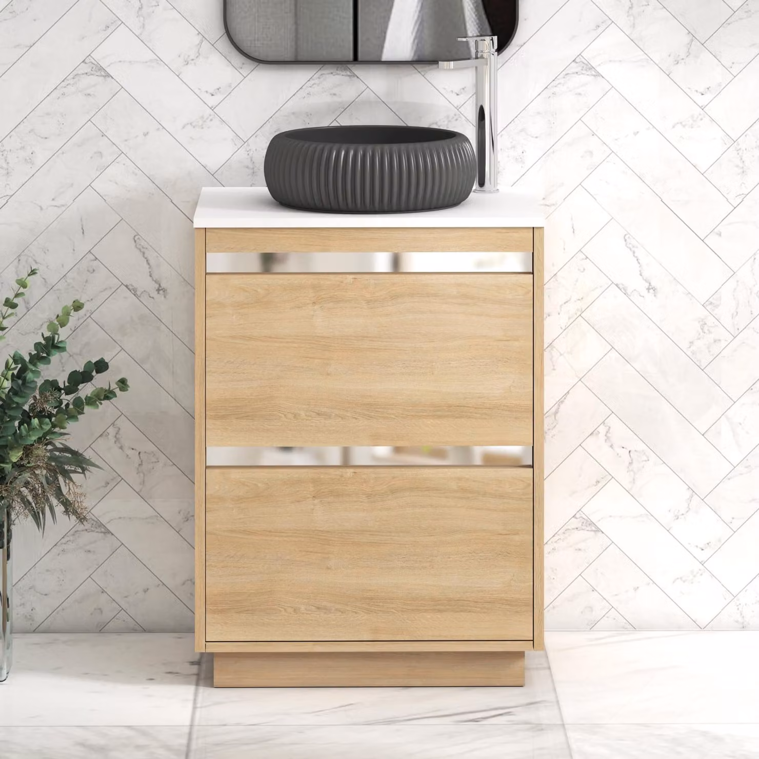 Royal Bathrooms Orion 600mm Natural Oak Floor Standing 2 Drawer Vanity Unit with Milan Black Basin and Chrome Accent Trim