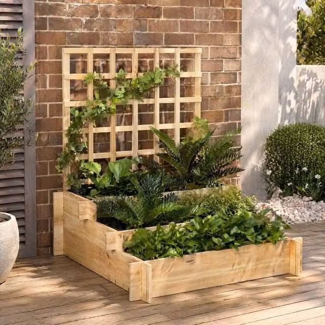 STILVORA Raised Wooden Garden Bed with Trellis in Natural Brown, W/D/H: 95 x 95 x 110 cm – 1