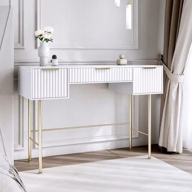 CARME HOME Lara White and Gold Modern Dressing Table with Integrated Lighting and Ridged Details