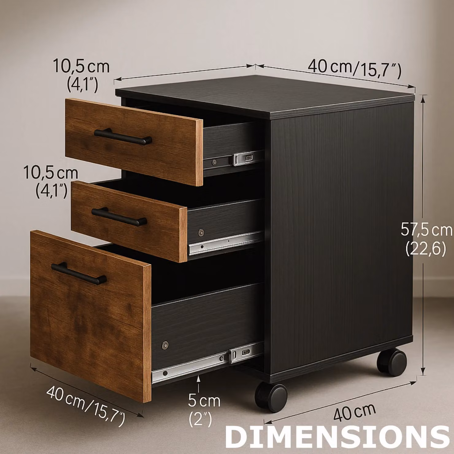 Rafaelo Mobilia 3 Drawer Filing Cabinet with Lock and Castors, Brown, W: 40 cm, D: 40 cm, H: 57.5 cm – 7