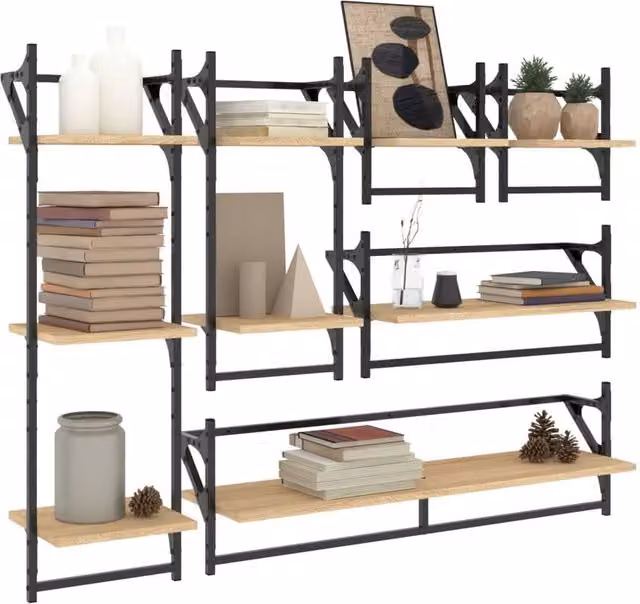 Berkfield Home 6 Piece Decorative Wall Shelf Set with Hanging Rods in Sonoma Oak Brown – 1