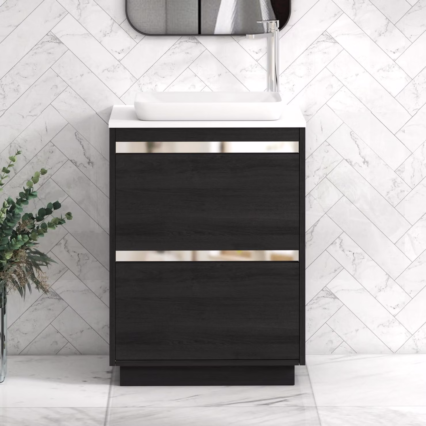 Royal Bathrooms Orion 2 Drawer Hale Black Floor Standing Vanity Unit with Plain White Stone Top and Countertop Basin