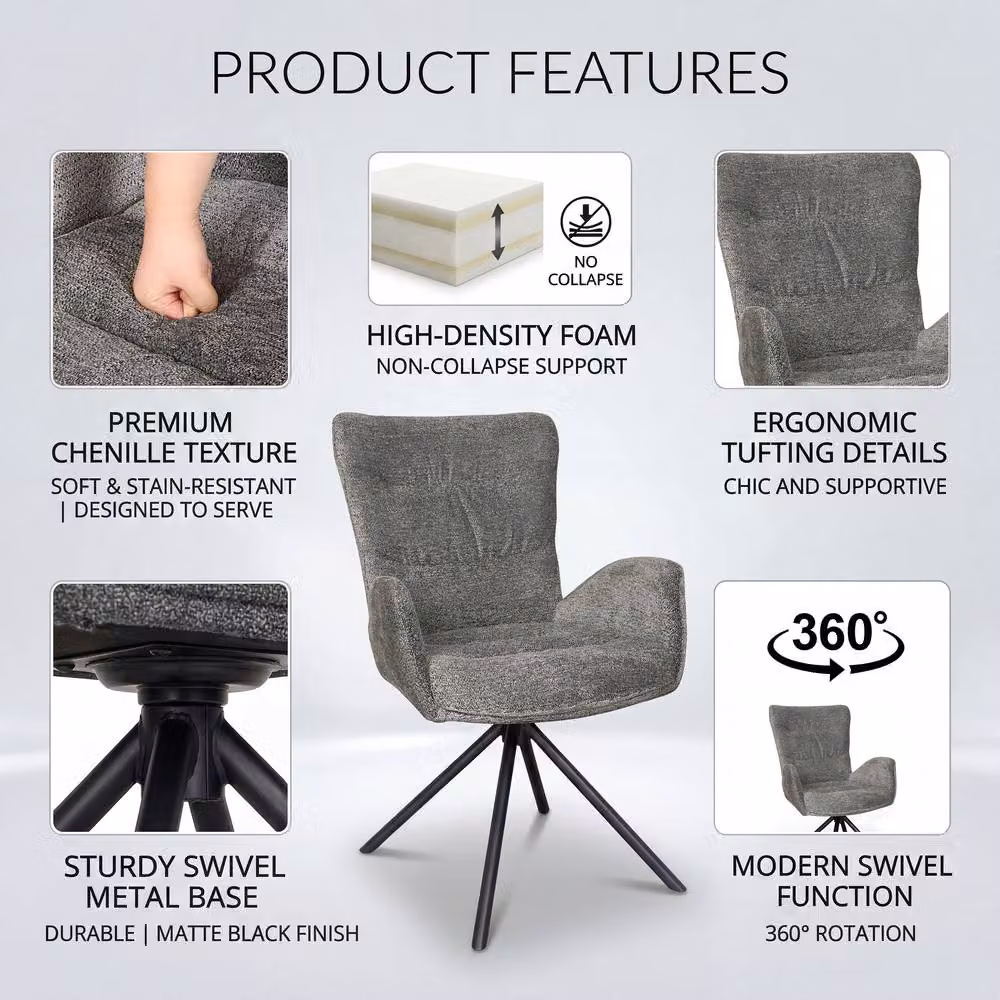 SONARA Grey Chenille 360 Degree Swivel Accent Chair with Armrests – 5