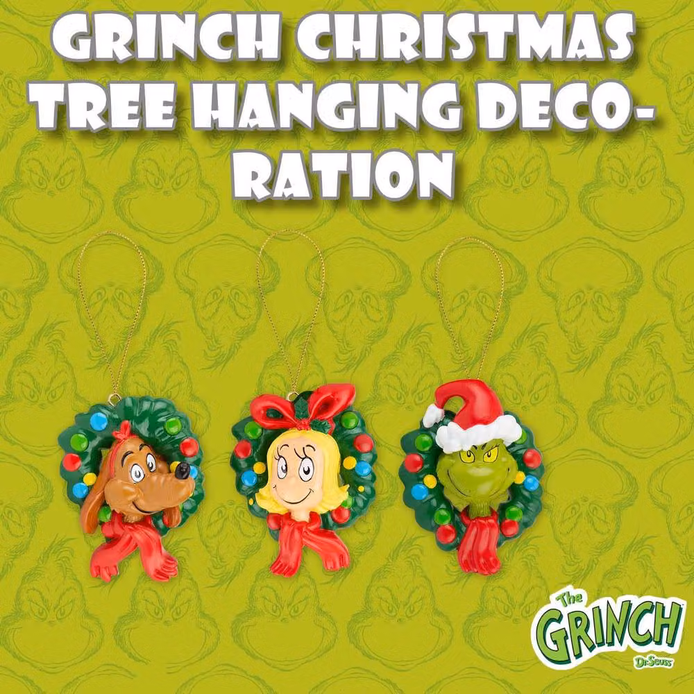 VFM e-Store Grinch 3D Hanging Christmas Tree Decorations, Multicolour, Pack of 3, W: 8.5 cm, H: 6.5 cm – 3
