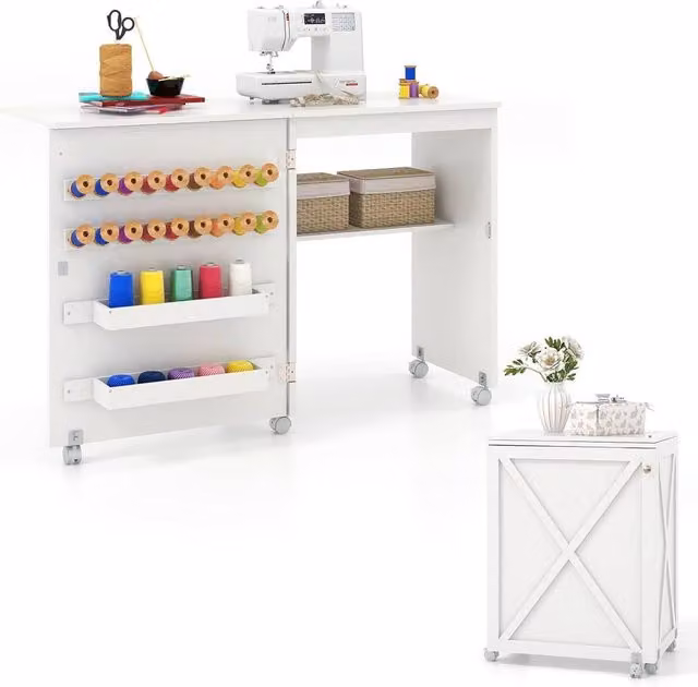Gymax Folding Sewing Table and Cabinet in White with 18 Pegs, Storage Trays and Barn-door