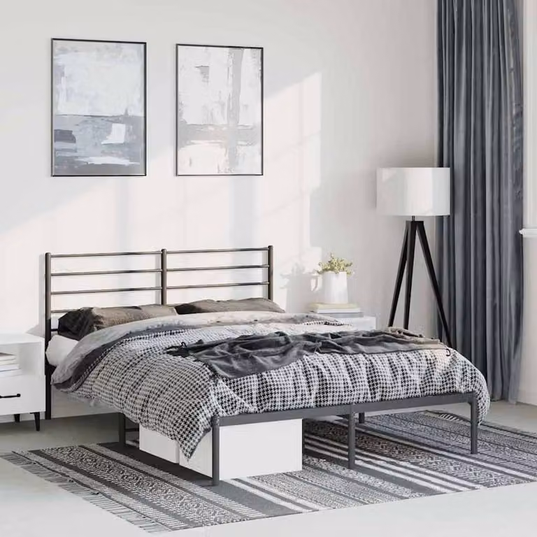 Berkfield Home Metal Bed Frame with Headboard in Black, W: 135 cm x L: 190 cm