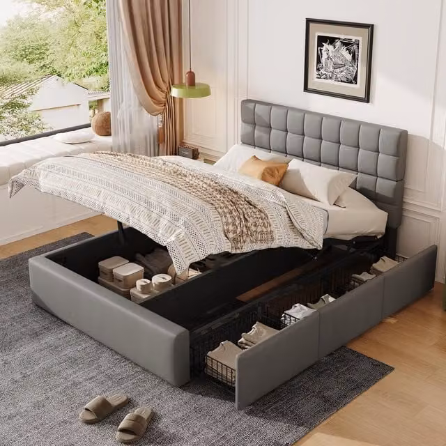 Aosom UK Elegant Grey Upholstered Storage Bed with Hydraulic Lift and 3 Drawers, W/D/H: 148 x 200 x 100 cm – 1