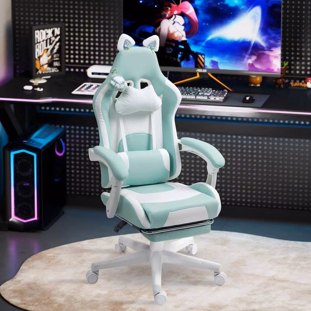STILVORA Reclining Gaming Office Chair with Footrest and Headrest in Green Synthetic Leather – 2