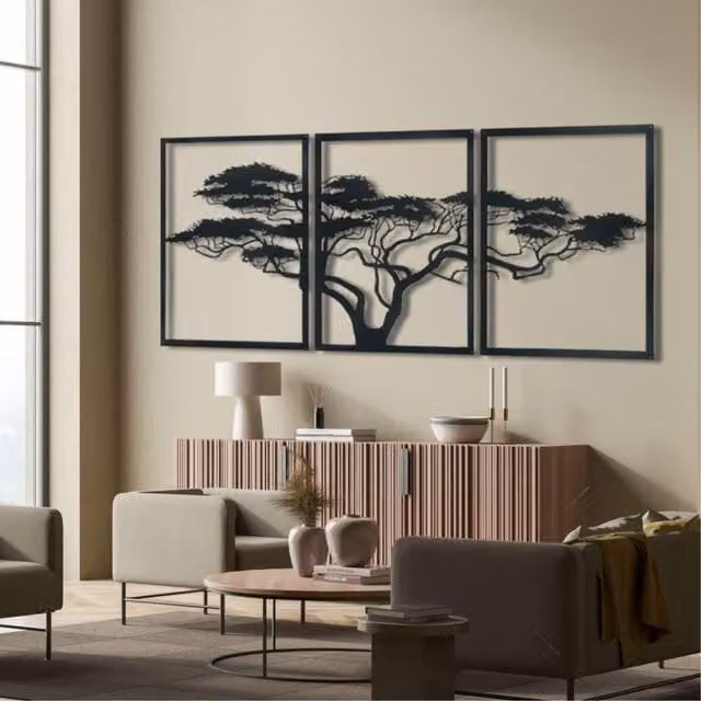 Decortie Afrika Agaci Metal Wall Art, Black, W: 150 cm, H: 74 cm