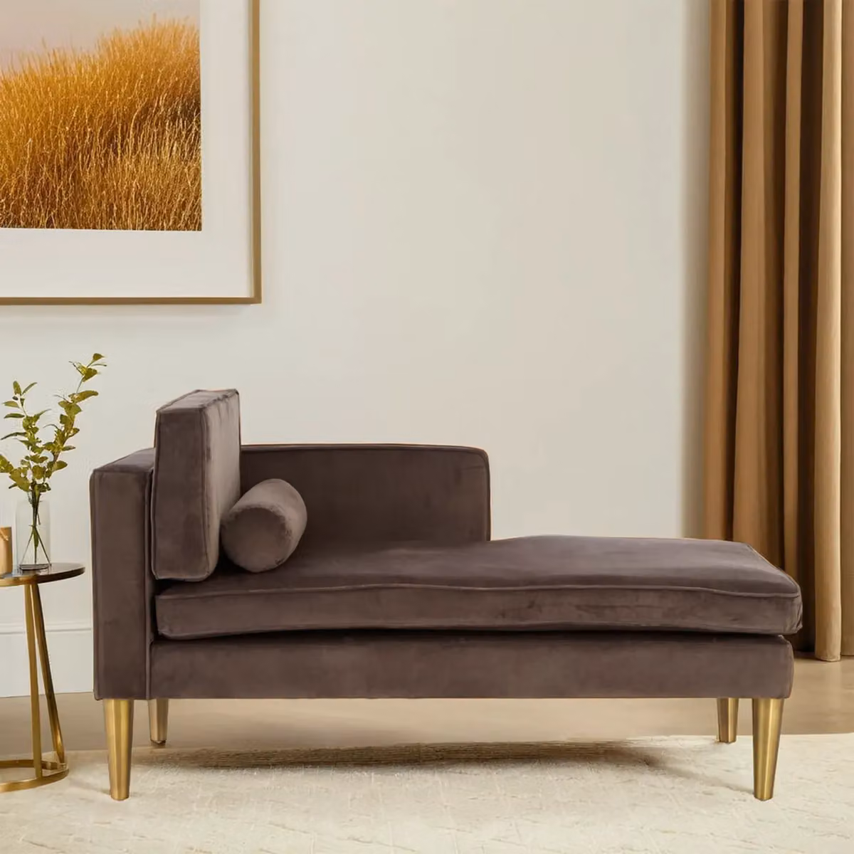 Orsina Grey Velvet Upholstered Chaise Lounge with Left Arm and Gold Metal Frame – 3