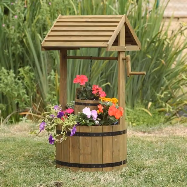 Garden Mile Large Wooden Wishing Well Planter in Black and Brown, 49 cm