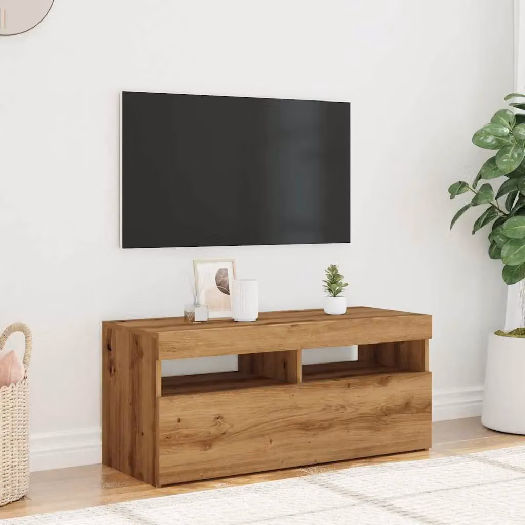 Berkfield Home Artisan Oak TV Cabinet with Integrated LED Lights in Brown, W/D/H: 90 x 35 x 40 cm – 4