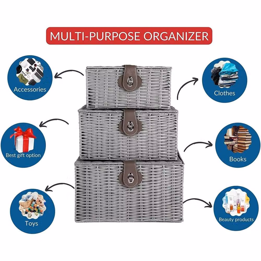 MANTRARAJ Set of 3 Resin Wicker Woven Storage Baskets with Lids and Handles, Black and Grey – 3