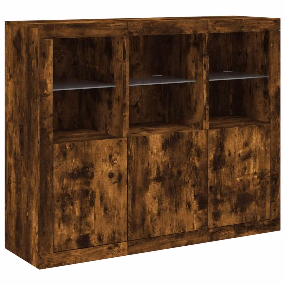 Berkfield Home Set of 3 Modern Smoked Oak Sideboards with Integrated LED Lighting in Brown – 4