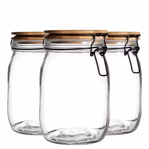 Argon Tableware Glass Storage Jars with Airtight Wooden Clip Lids, 1 Litre, Pack of 6, Transparent