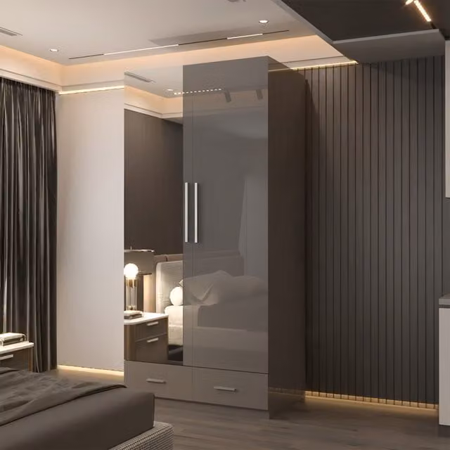 Sliding Wardrobes 4 u Modern Glossy Grey Hinged Door Wardrobe with Mirror, Width: 90 cm
