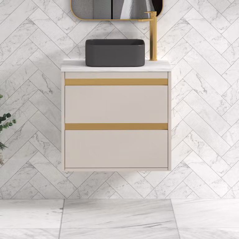Royal Bathrooms Orion 600mm Warm Taupe Wall Hung Countertop Vanity Unit with 2 Drawers, Art Square Basin and Brushed Brass Accent Trim