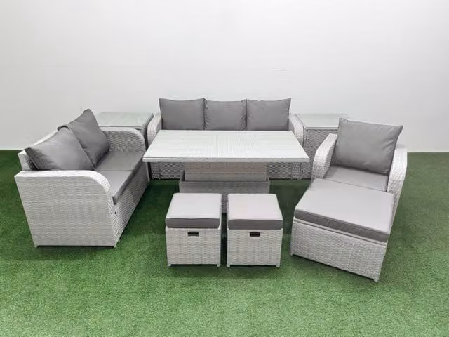 Fimous Patio 9 Seater Grey Rattan Outdoor Furniture Set with Upholstered Cushions, 3 Seater Sofa, Armchairs, Ottoman and Coffee Table