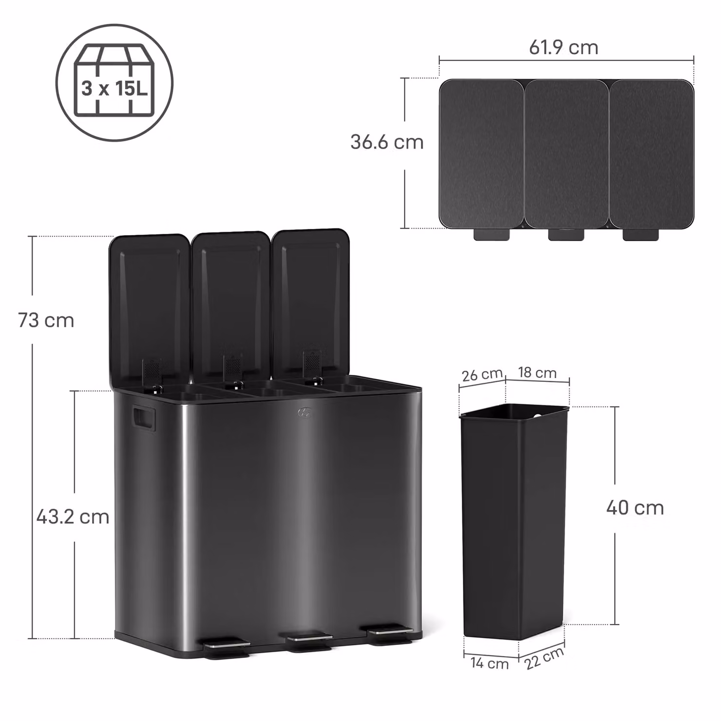 HOMCOM Triple Kitchen Pedal Bin with Odour Filter, Black, 3 x 15L – 3