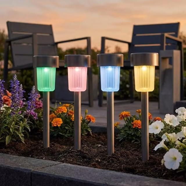 Garden Greatness 4 Pack Solar LED Stake Lights in Silver Stainless Steel with RGB Multicolour Effect