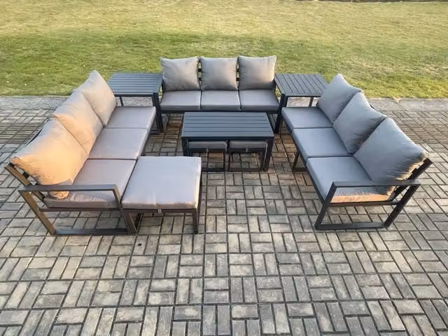 Fimous Aluminium Outdoor Garden Furniture Set in Dark Grey with 3 Seater Sofa, Oblong Coffee Table, 3 Footstools, 2 Side Tables and Cushions