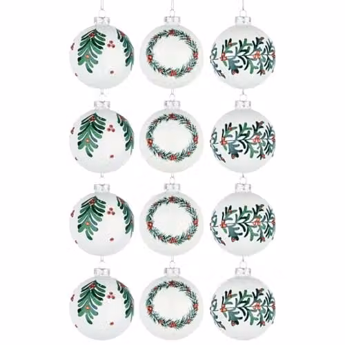 Shatchi 12-Piece Set of Glass Christmas Baubles in White, Green and Red with Assorted Holly, Greenery and Abstract Designs, Diameter: 8 cm – 1