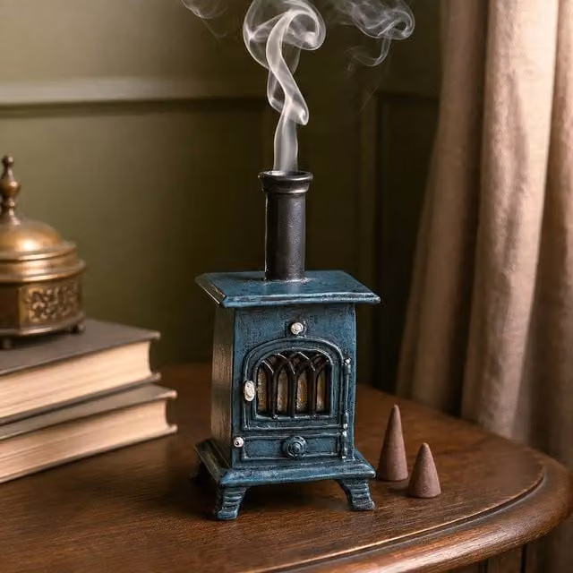 Marco Paul Ceramic Stove Incense Cone Burner in Petrol Blue with 15 Spicy Cinnamon Incense Cones