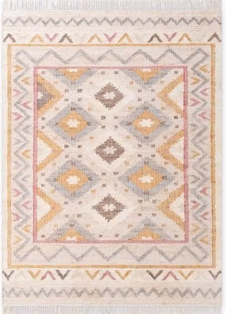 THE RUGS Roya Afghan Kilim Runner Rug, Handwoven Jute and Cotton Flatweave in Beige and Multicolour, W/D/H: 120 x 170 cm