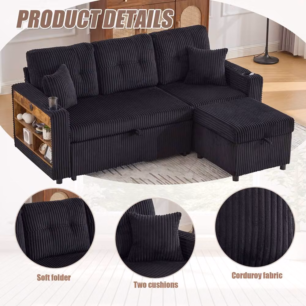 BTM Black Corduroy Upholstered Sofa Bed with Storage, USB-C Charging and LED Lighting – 5