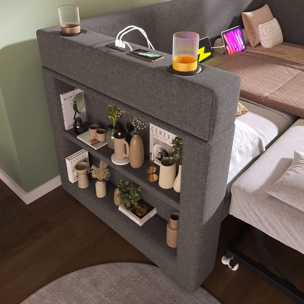 Rolipo Grey Upholstered Single Daybed with Trundle, USB Charging Ports and Side Compartments, W/D/H: 90 x 190 cm – 7