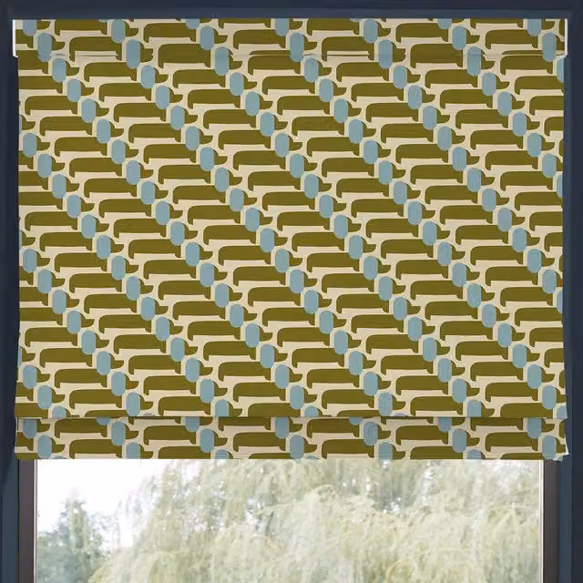 Orla Kiely Dog Show Made to Measure Blackout Roman Blind in Seagrass with Yellow and Green Animal Floral Pattern
