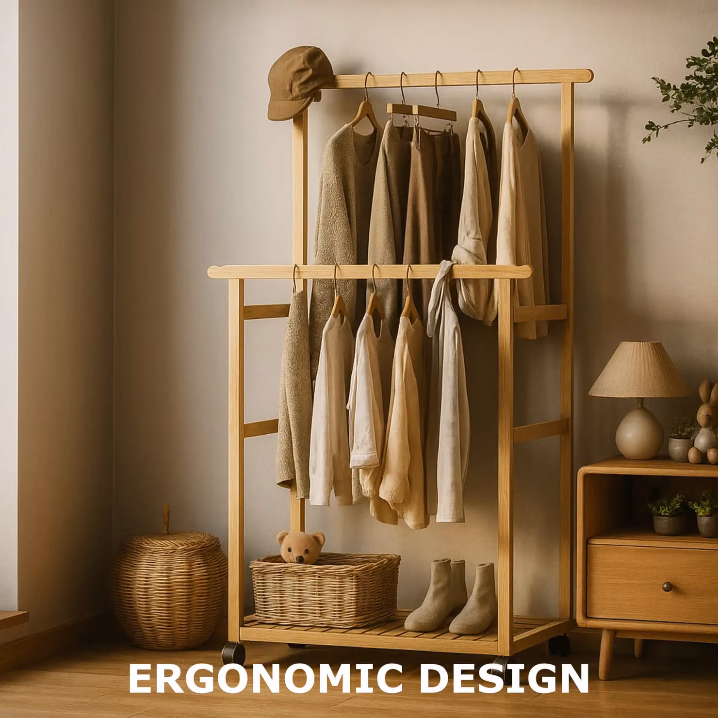Rafaelo Mobilia Portable Wooden Clothes Rack and Open Wardrobe with Shoe Storage in Brown, H 154.5 x W 105.0 x D 80.0 cm – 5