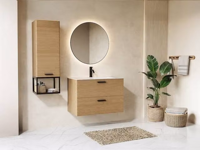 Vente-unique Fluted Wall-Hung Bathroom Tall Unit with Open Shelf in Light Oak – 1