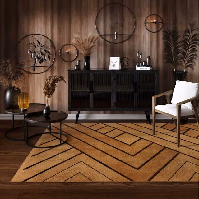 The Rug House Art Deco Geometric Living Room Rug in Brown and Beige, W: 280 cm, D: 190 cm