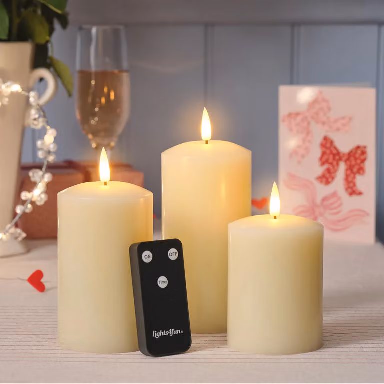 TruGlow® Ivory LED Pillar Candle Trio with Remote Control, Flicker Effect and Timer, White/Beige Wax Tabletop Candles