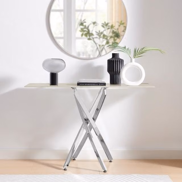 FurnitureboxUK Leonardo Rectangular Marble Effect Glass Top Console Table with Silver Metal Starburst Legs in White