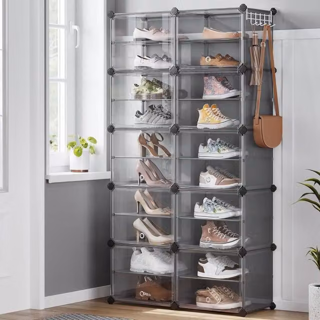 SONGMICS Modular 10-Slot Interlocking Shoe Storage Cabinet with Glass Doors, Grey, H 156.0 x W 83.0 x D 40.0 cm – 1