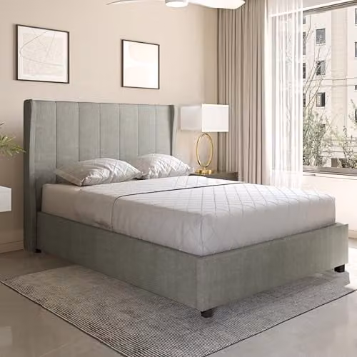 Seconique Amelia Double Storage Ottoman Bed in Grey Fabric, H: 158.5 cm x W: 140 cm x D: 200 cm