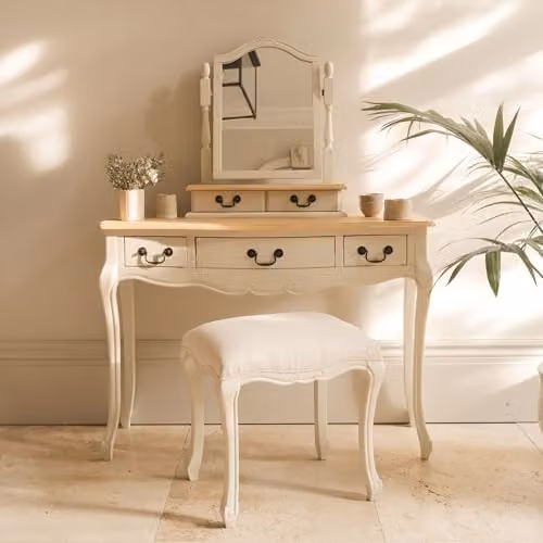 Statement Furniture Juliette Dressing Table Set with Trinket Mirror and Upholstered Stool in Beige and White – 1
