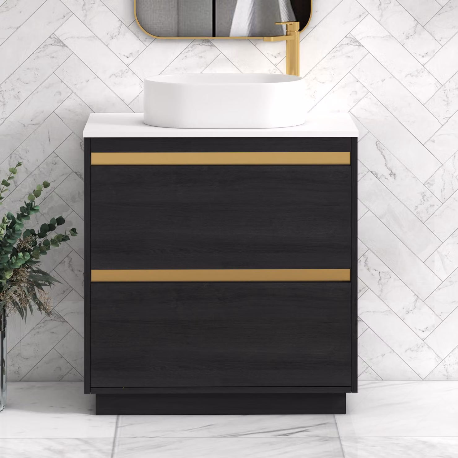 Royal Bathrooms Orion 800mm Hale Black and White Floor Standing Vanity Unit with 2 Drawers, Peak Basin and Brushed Brass Accent Trim