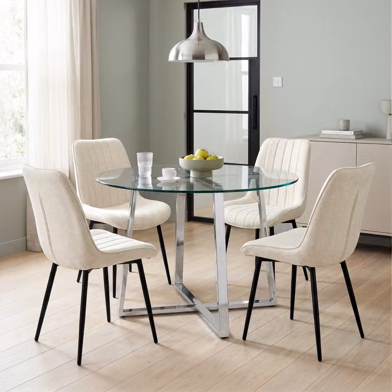 DHS Modern Round Glass Dining Table Set with 4 Chairs in Beige, Blue or Grey