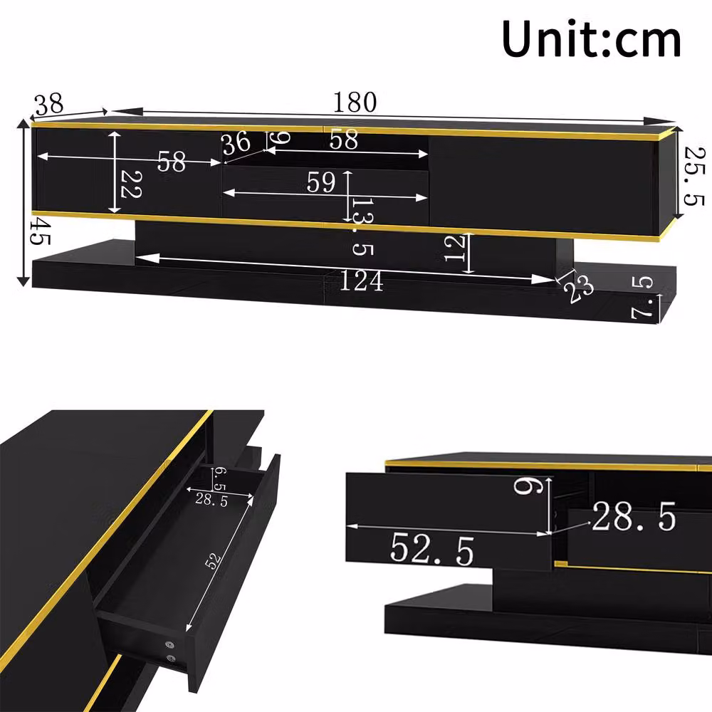 Matteo Modern High Gloss TV Cabinet with Integrated LED Lighting in Black and Gold, W: 180.0 cm, D: 45.0 cm, H: 38.0 cm – 2