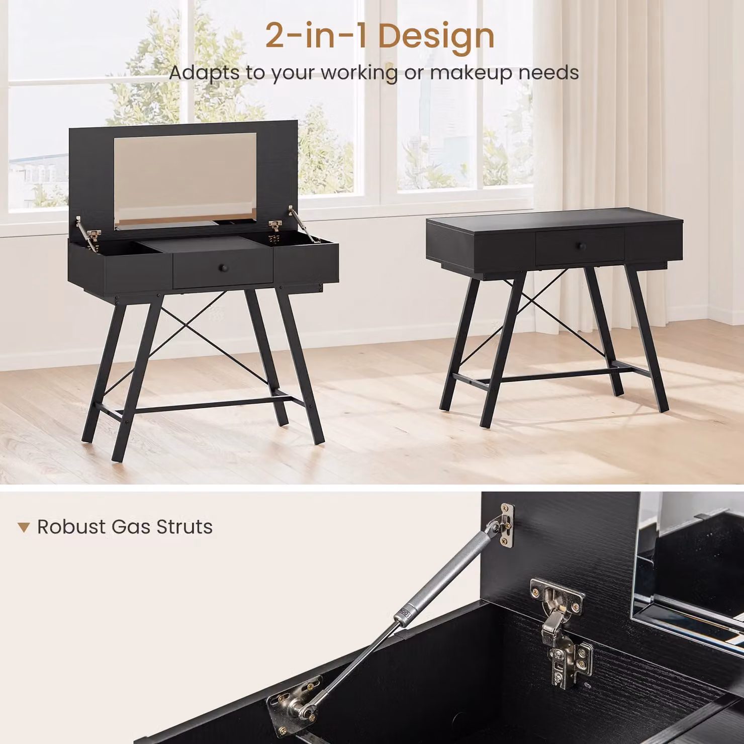 Costway Modern Black Flip Top Vanity Desk with Mirror and Metal X-Frame Design – 3